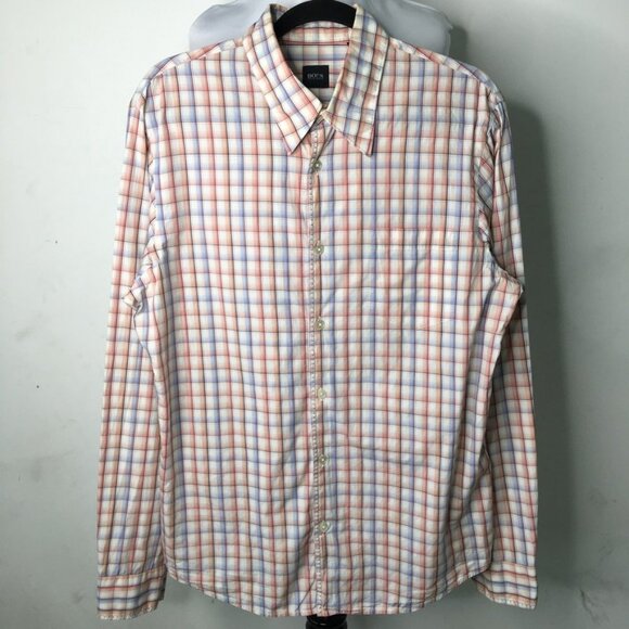 Hugo Boss Men's Red Blue Checkered Long Sleeve Button Down Shirt Size Large - Picture 1 of 12